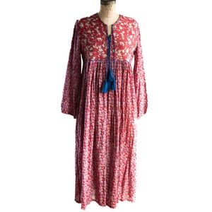 Indian Boho Block Print Hand Stitched Red Kantha Bodice Maxi Dress Sz Small